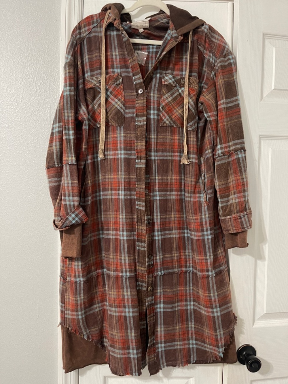 Oli & Hali Brown and Red Plaid Hooded Long Shirt Jacket
